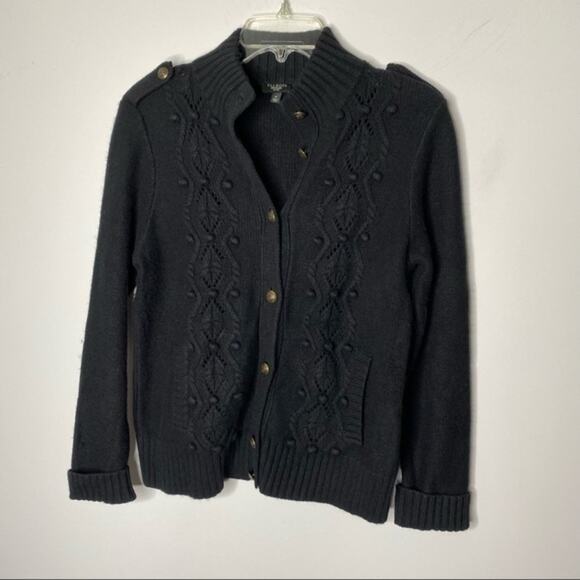 Talbots Black Military Style Pom Pom Cardigan Size Medium - Picture 1 of 7